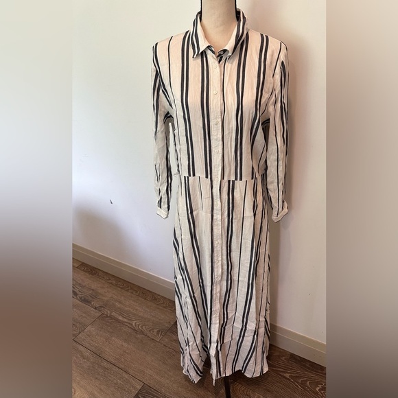 Zara Woman Linen Blend Long Maxi Shirt Dress Vertical  Stripes XL NWOT - Picture 3 of 11